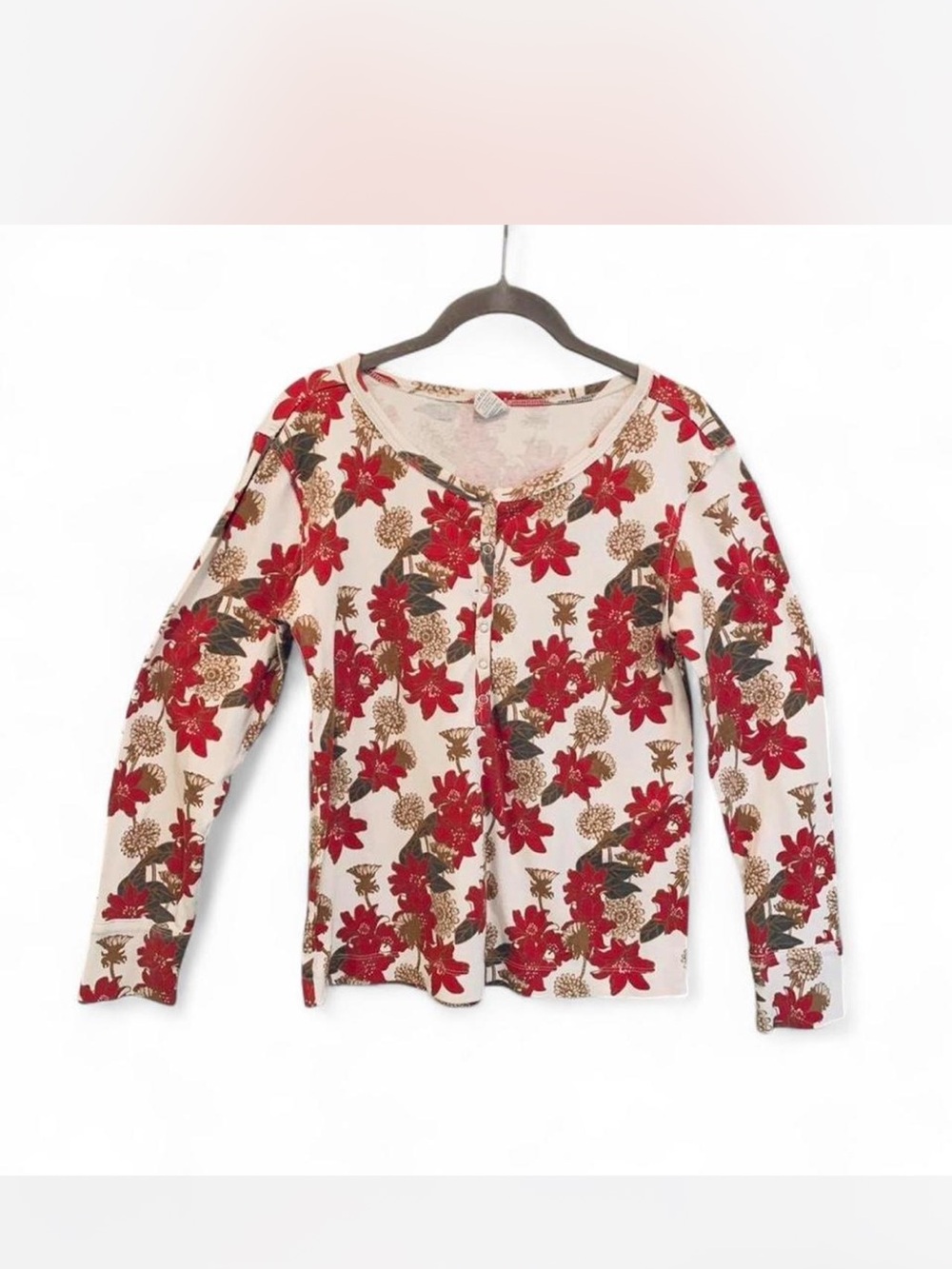 Holiday kate quinn Red Floral Poinsettia Button-Front Women's Top Size M